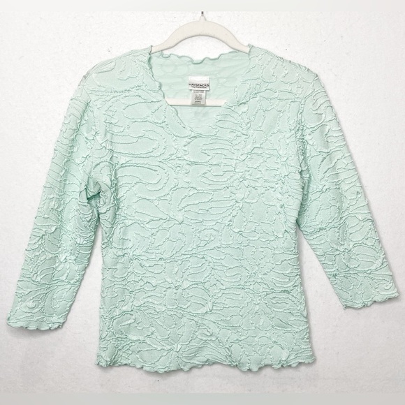 Haystacks Tops - Haystacks Mint Green Blouse 3/4 Sleeve Ruffled Floral Stretch Shirt Medium Artsy